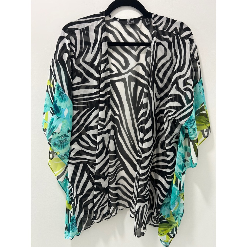 Dennis by Dennis Basso Zebra Floral Sheer Kimono Wrap Black White Teal Medium
